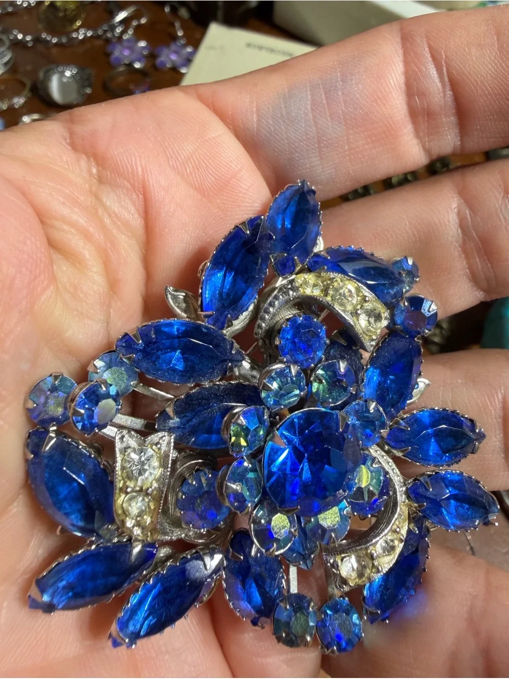 Vintage JUDY LEE Silver Tone Flower Corsage Blue Clear Rhinestones Brooch